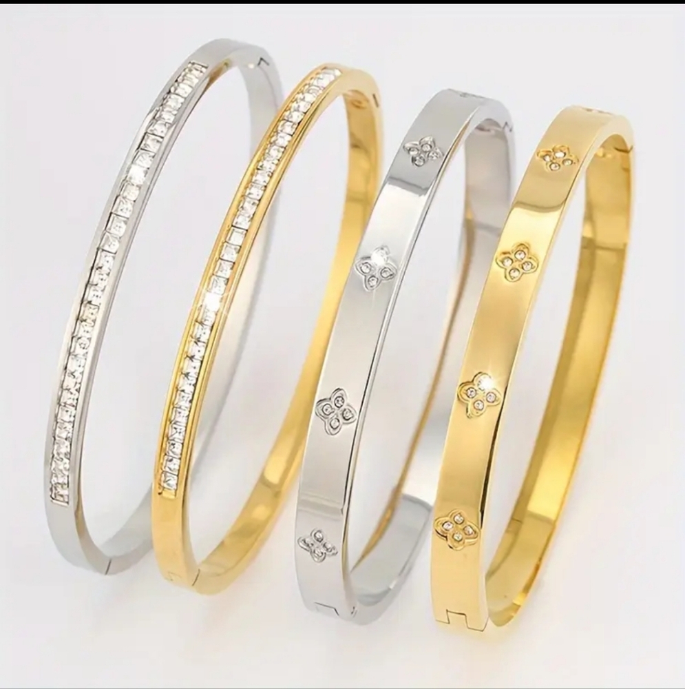 2 Stack Chic Silver Stainless Steel Bracelets with Clover Design for stacking.